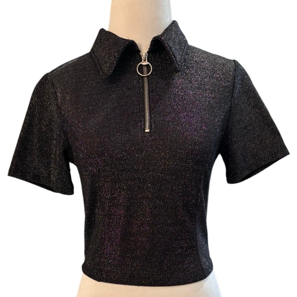 Current Mood Metallic Glitter Half Zip Crop Top Black Size M